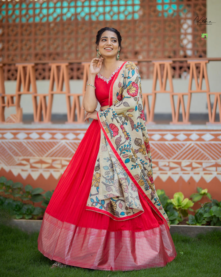 Elegant Mangalgiri Lehenga available at MyRiti, showcasing traditional weaving in vibrant colors. Ideal for those seeking a blend of classic and contemporary styles in online lehengas