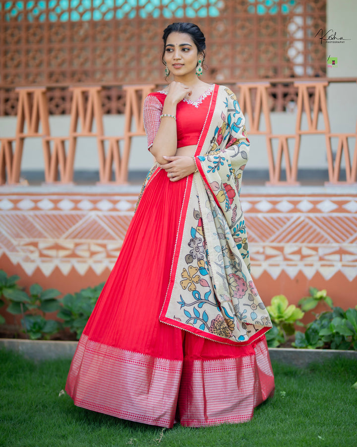 Elegant Mangalgiri Lehenga available at MyRiti, showcasing traditional weaving in vibrant colors. Ideal for those seeking a blend of classic and contemporary styles in online lehengas