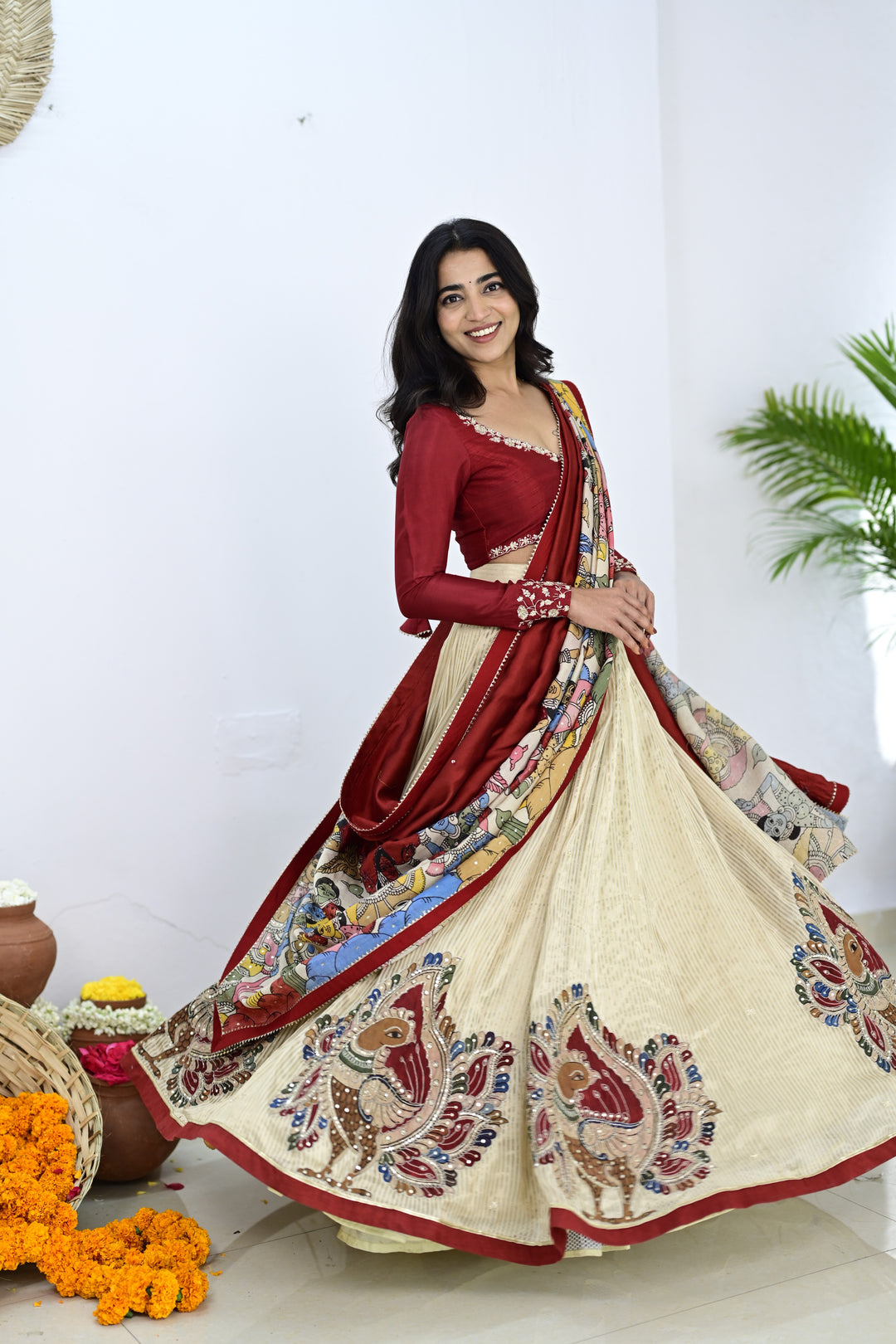 Dark Red & Cream Tissue Kalamkari Lehenga