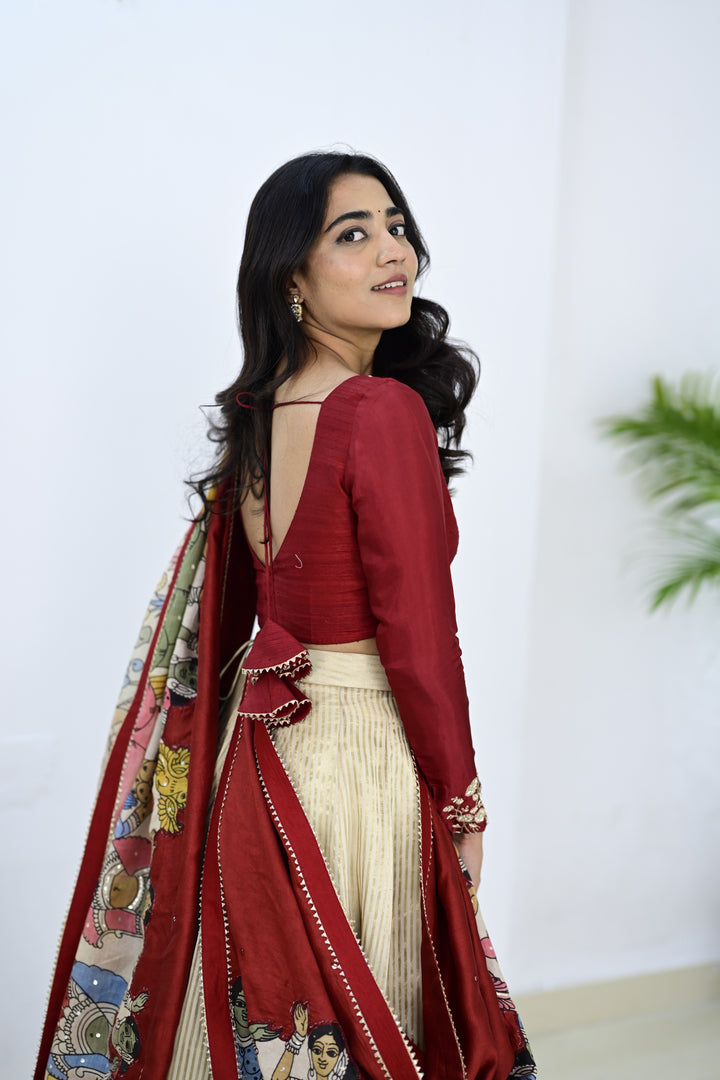 Dark Red & Cream Tissue Kalamkari Lehenga