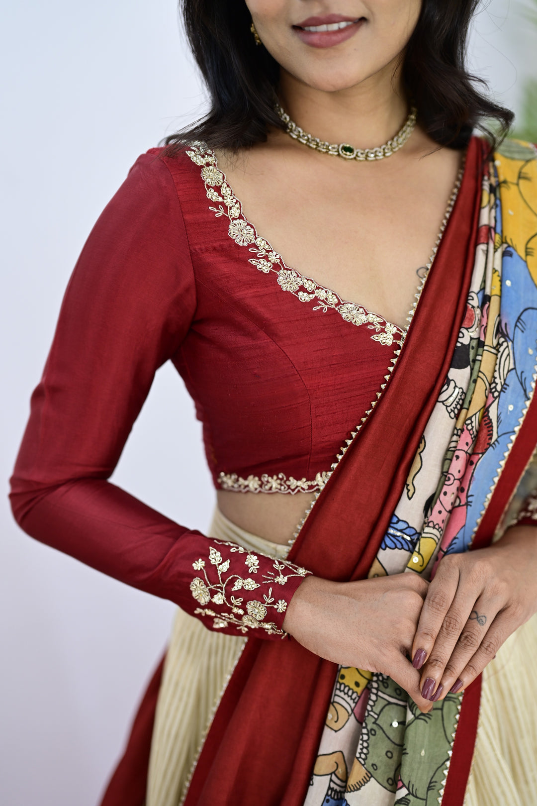 Dark Red & Cream Tissue Kalamkari Lehenga