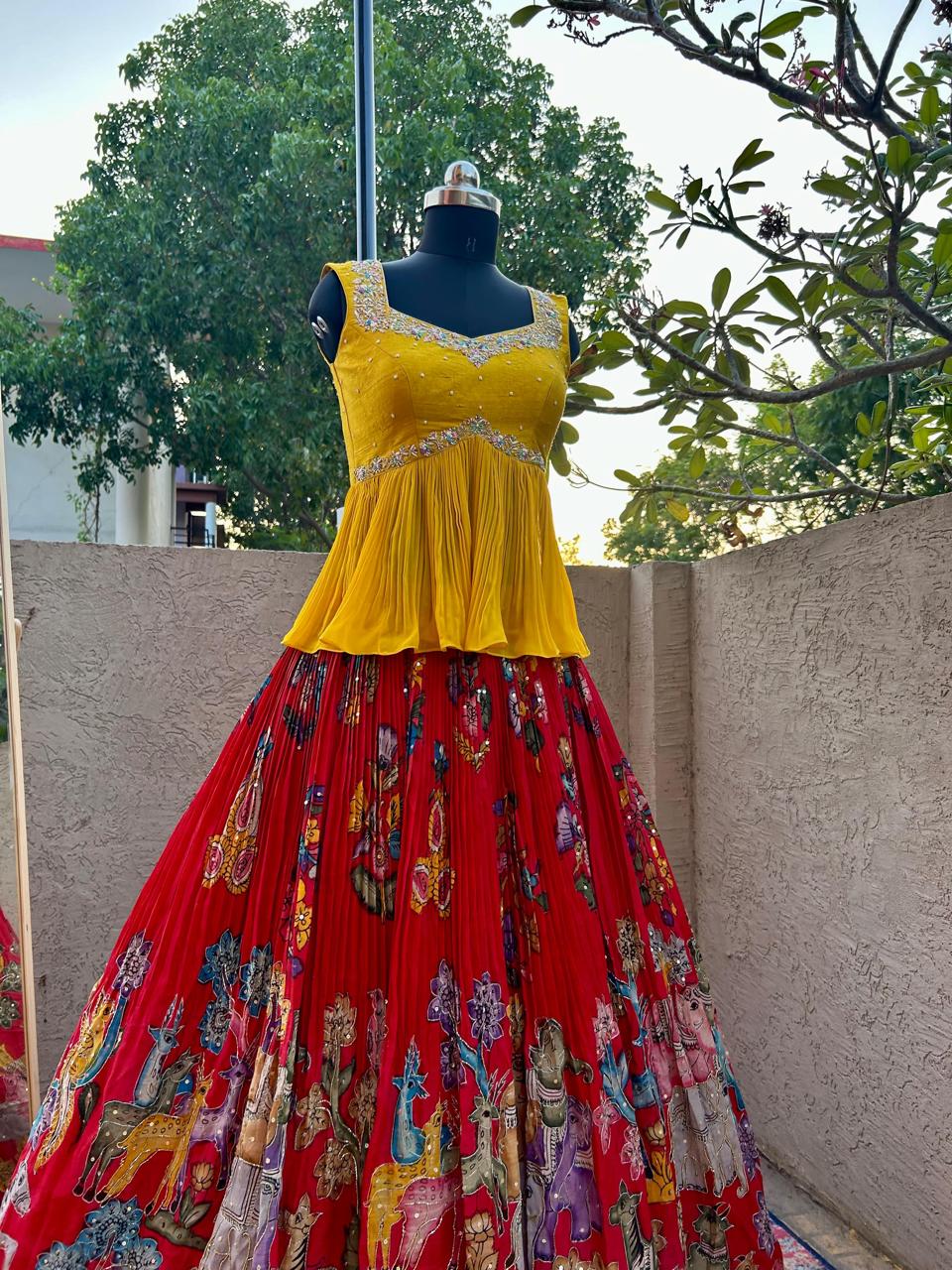 Yellow & Red Kalamkari Lehenga