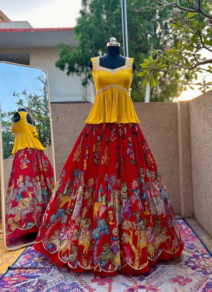Yellow & Red Kalamkari Lehenga