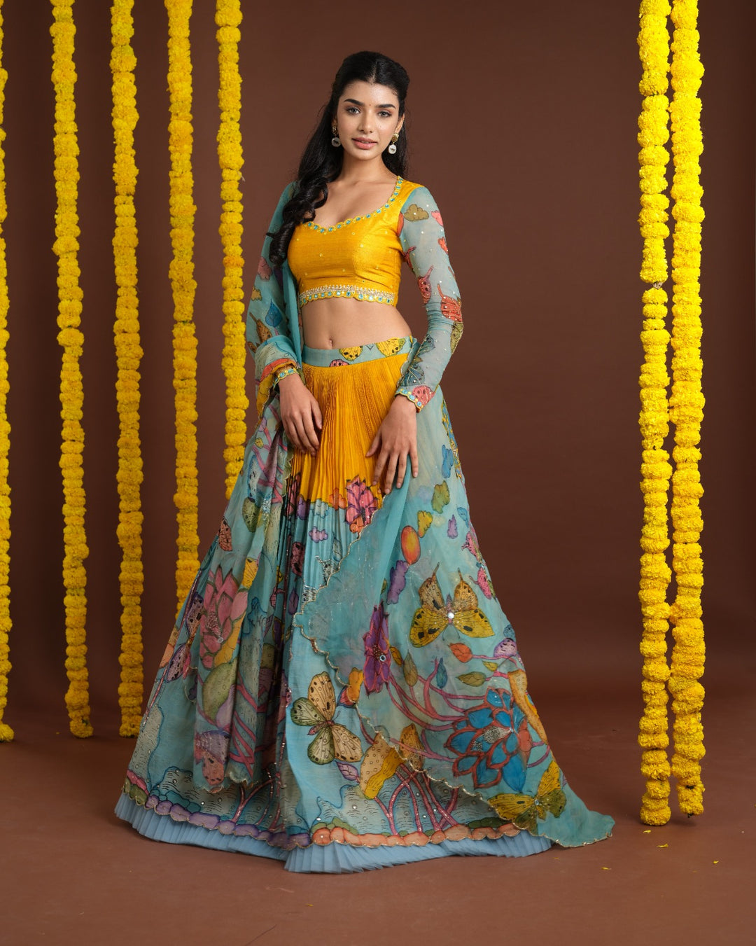 Yellow & Blue Organza Silk Pen Kalamkari Lehenga