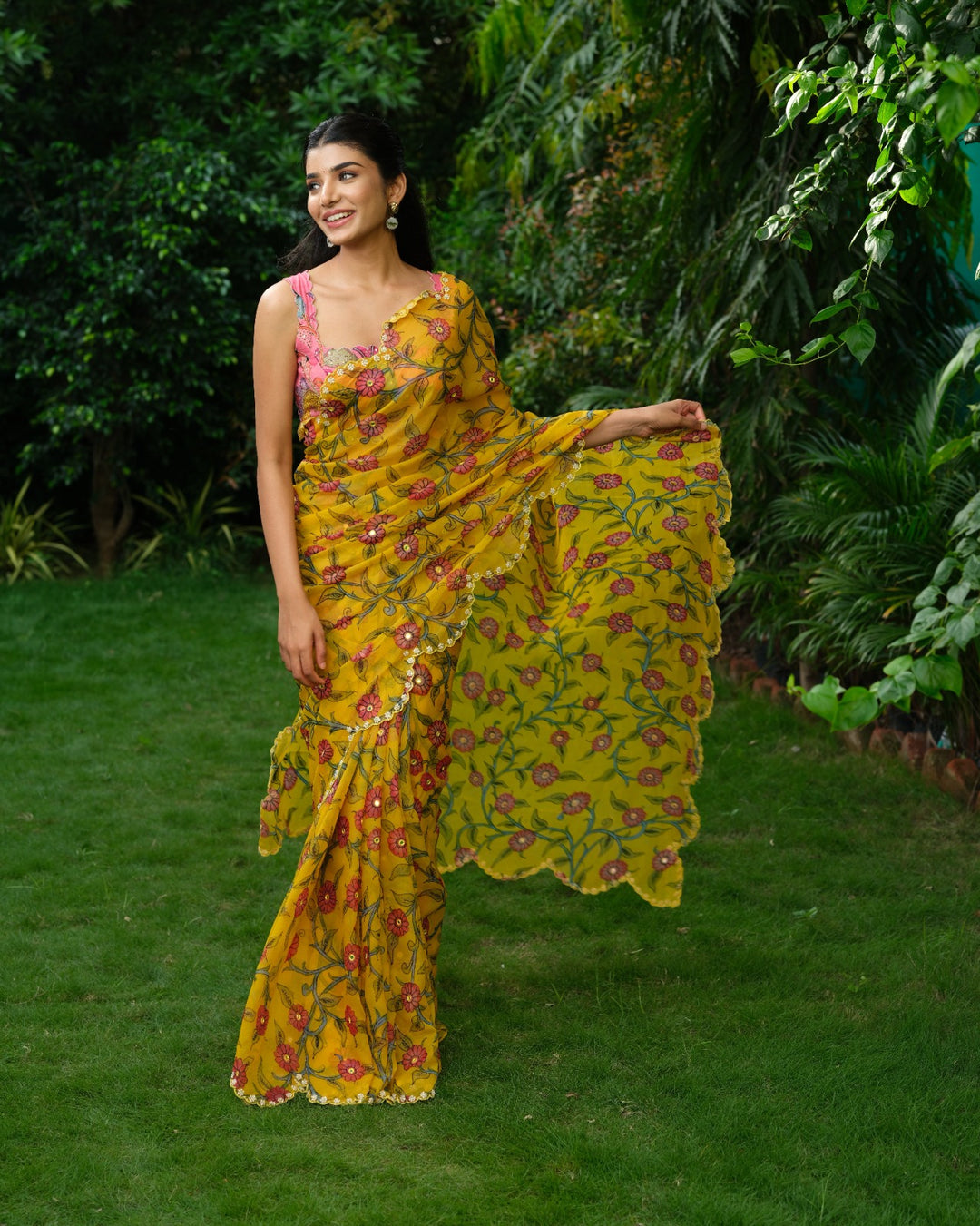 Yellow Pen Kalamkari Organza Silk Saree