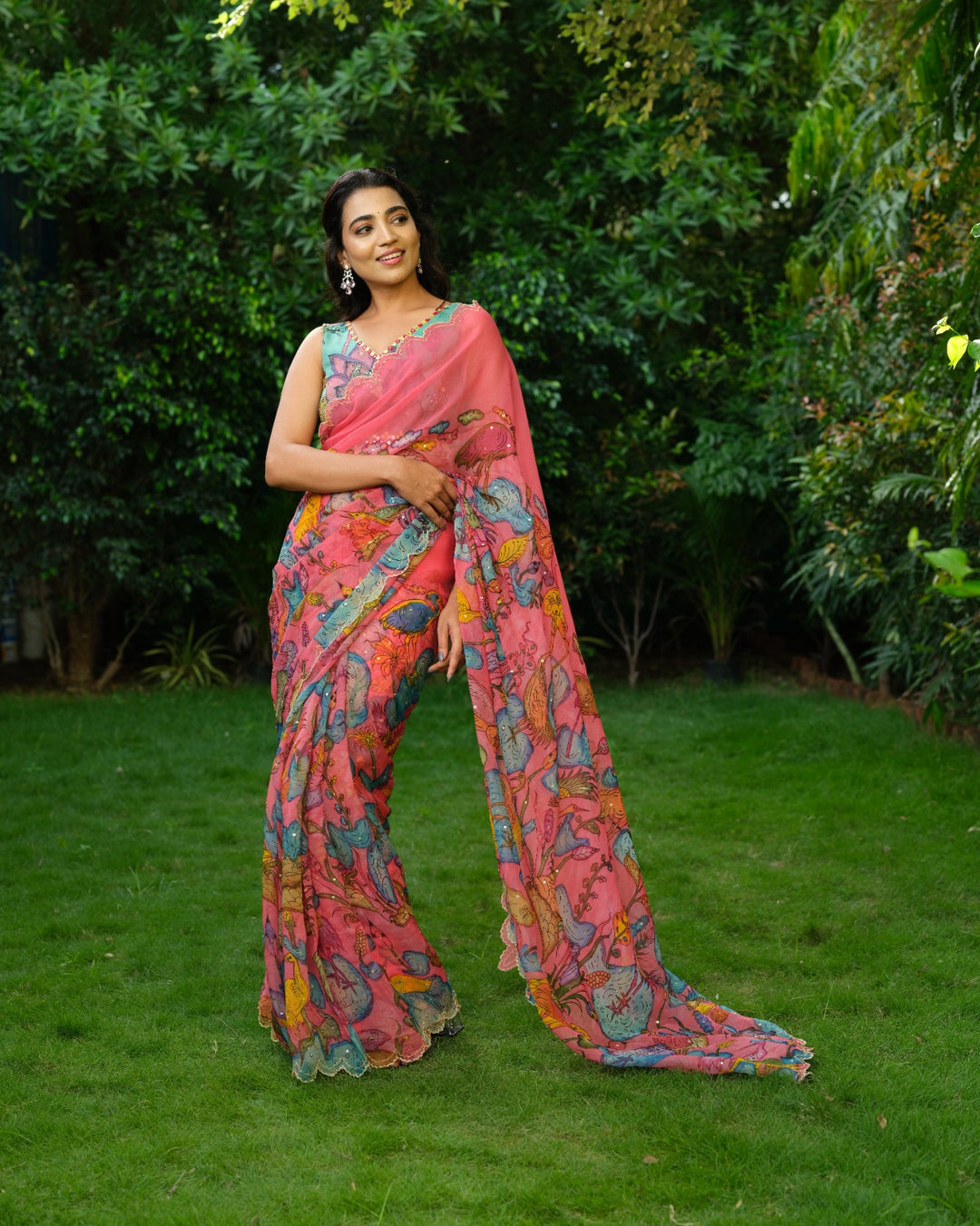PeachishPink Pen Kalamkari Organza Silk Saree