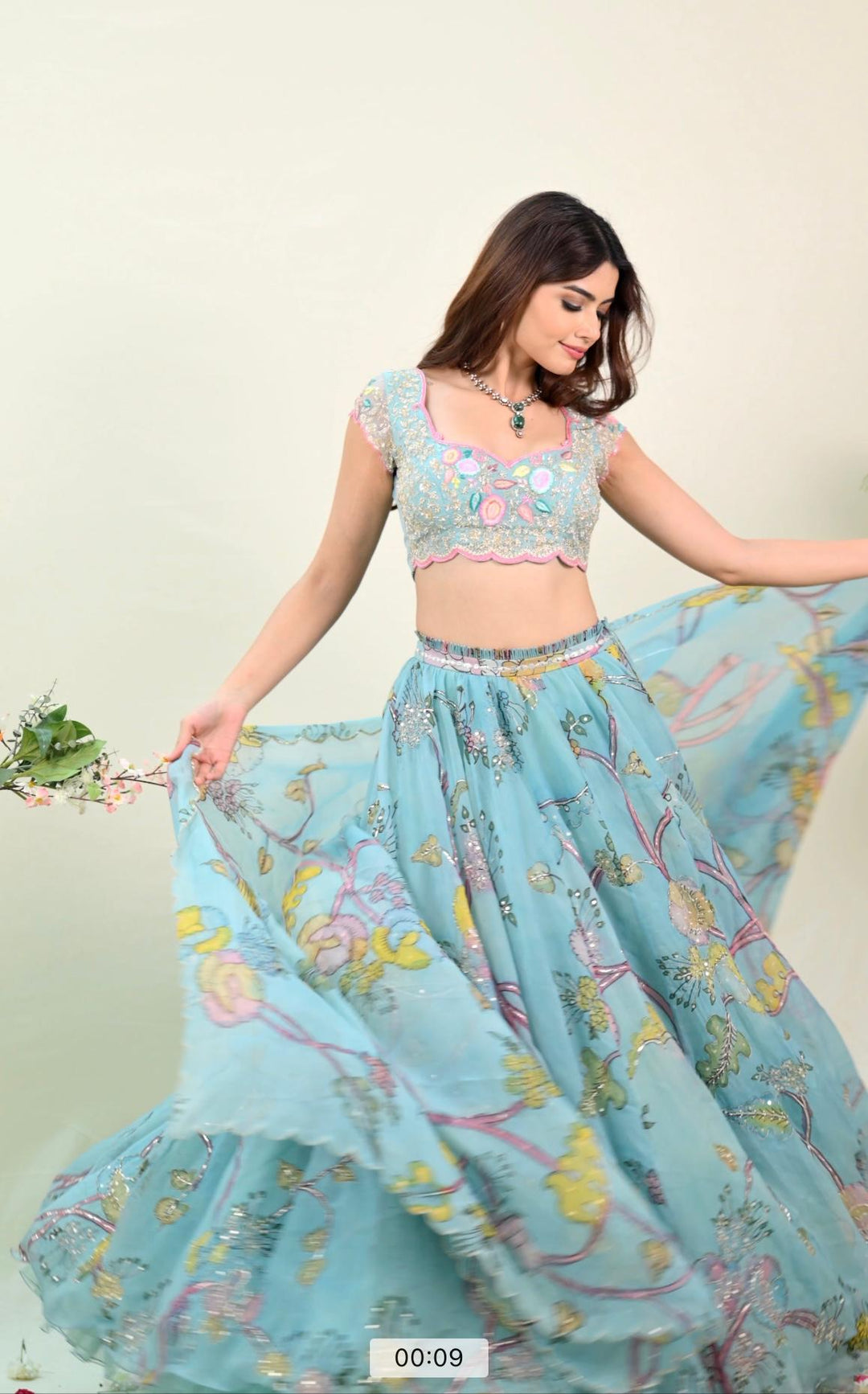 Blue Organza Silk Pen Kalamkari Lehenga