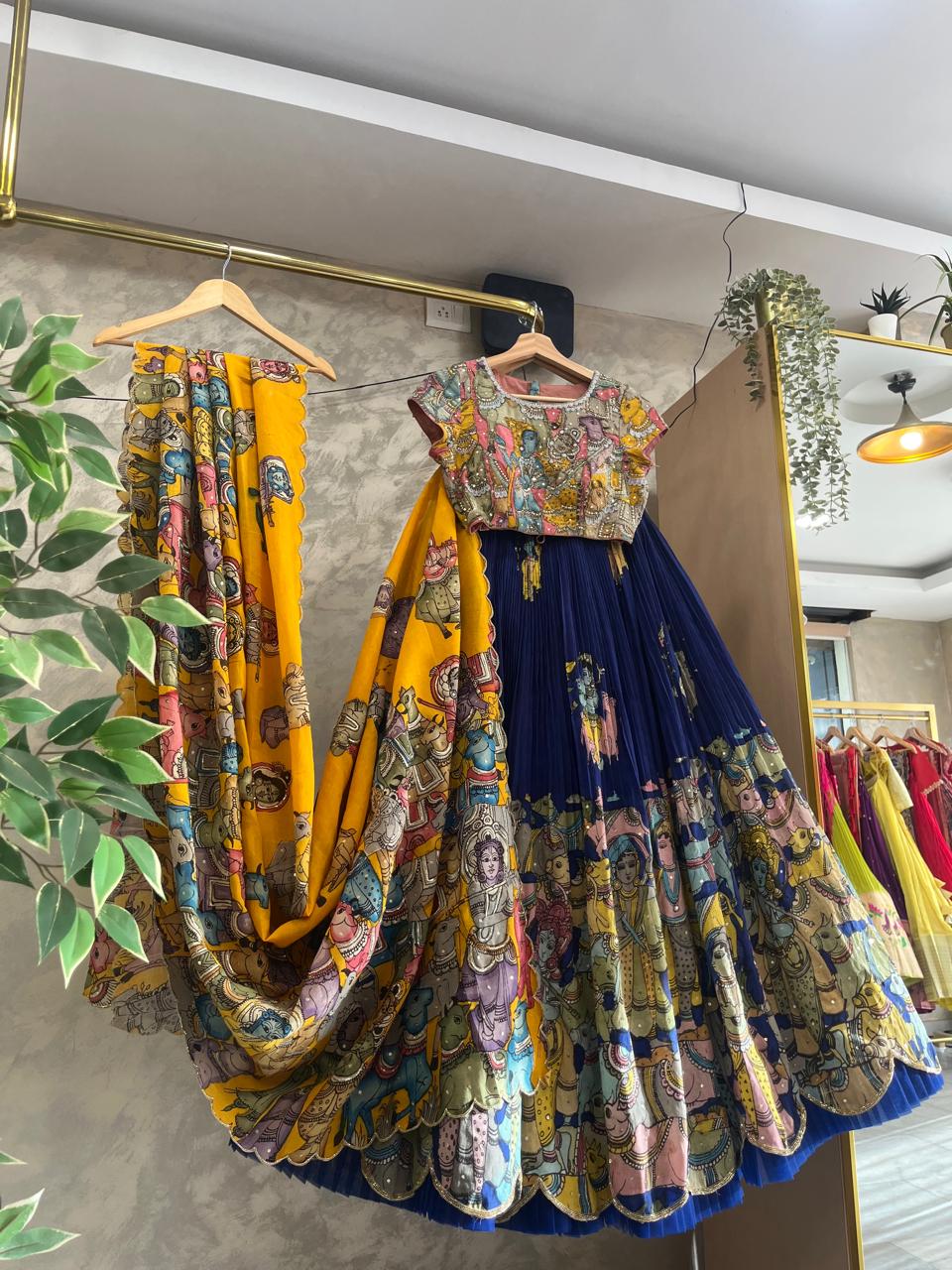 Blue and Pink Pen Kalamkari Lehenga