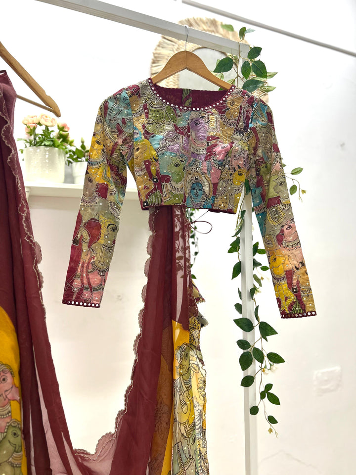 Yellow & Brown Pen Kalamkari Organza Silk Saree