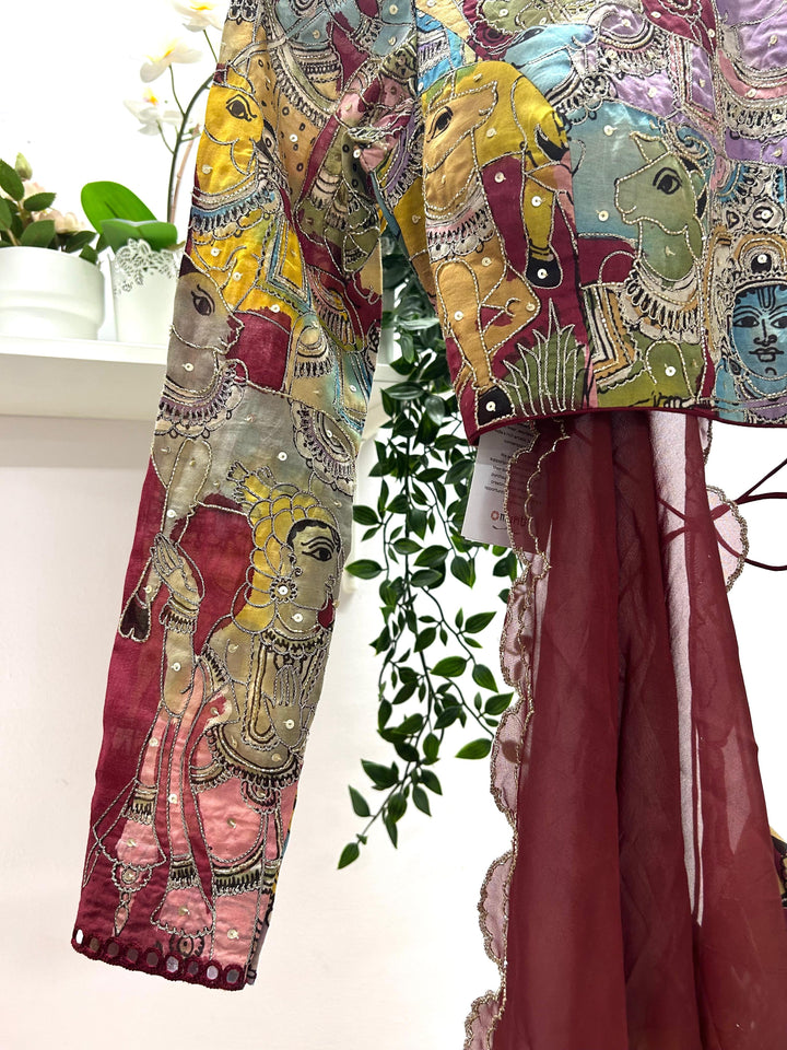 Yellow & Brown Pen Kalamkari Organza Silk Saree