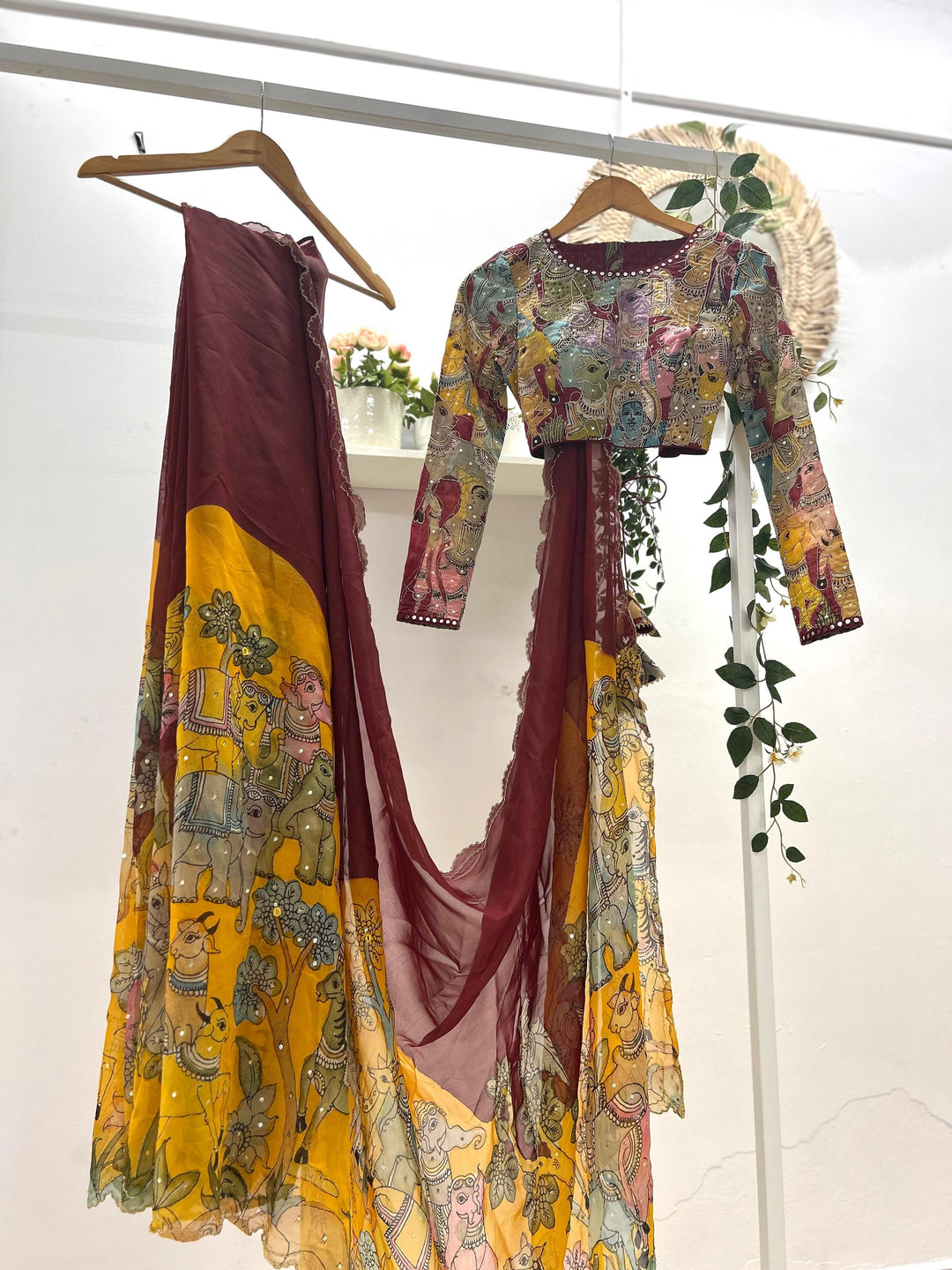 Yellow & Brown Pen Kalamkari Organza Silk Saree