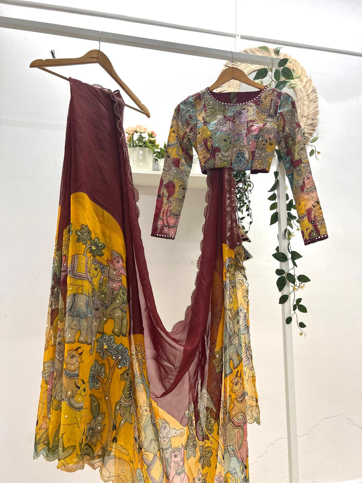 Yellow & Brown Pen Kalamkari Organza Silk Saree