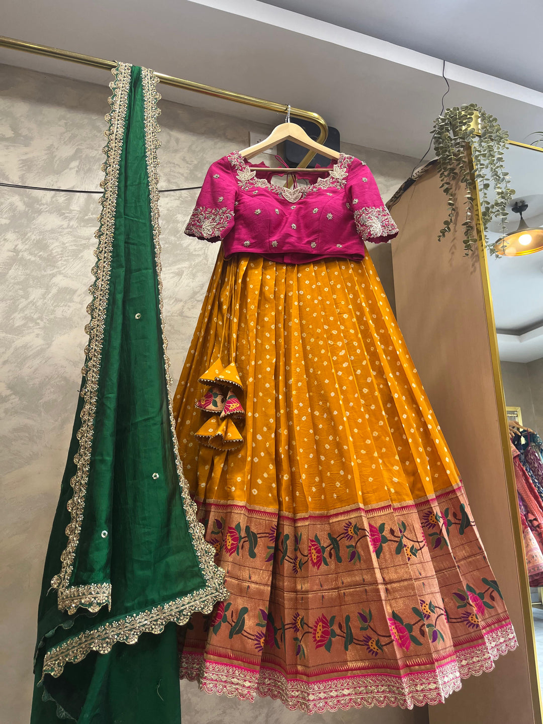 Pink and Mustard Yellow Bandani Paithani Lehenga