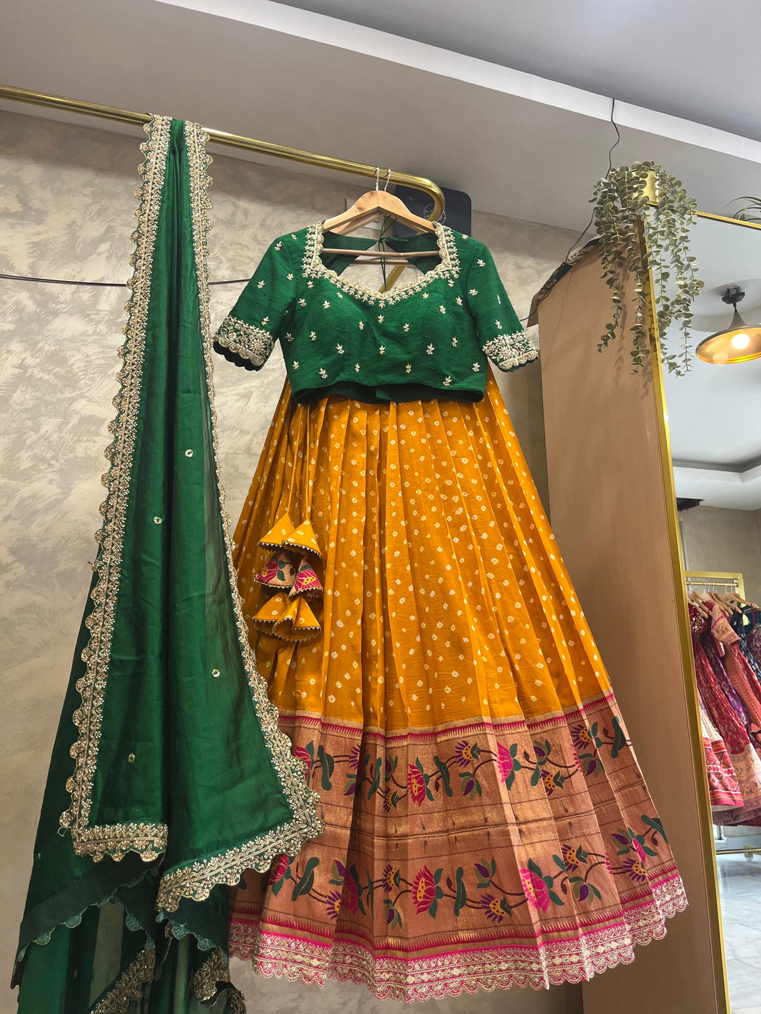 Green and Mustard Yellow Bandani Paithani Lehenga