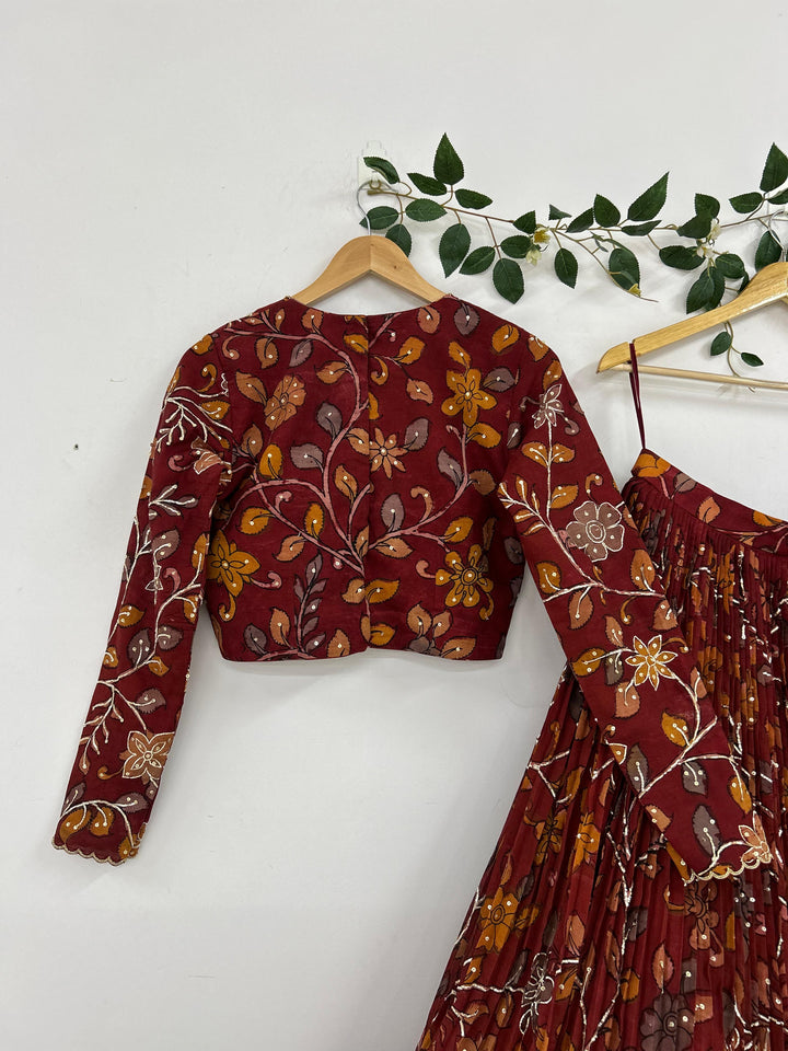 Dark Red Pen Kalamkari Lehenga