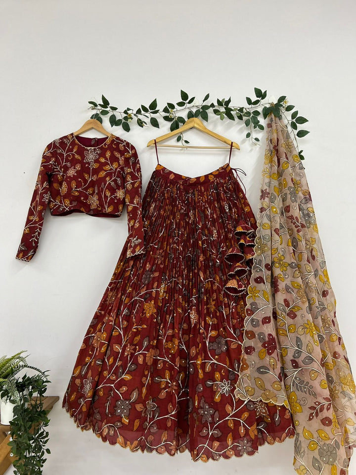 Dark Red Pen Kalamkari Lehenga