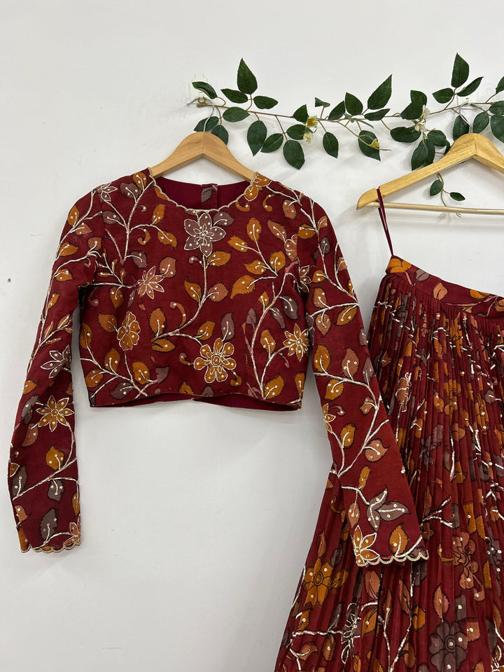 Dark Red Pen Kalamkari Lehenga
