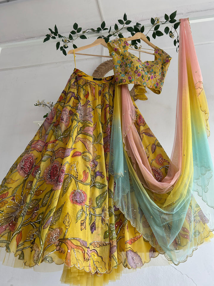 Yellow Organza Silk Pen Kalamkari Lehenga
