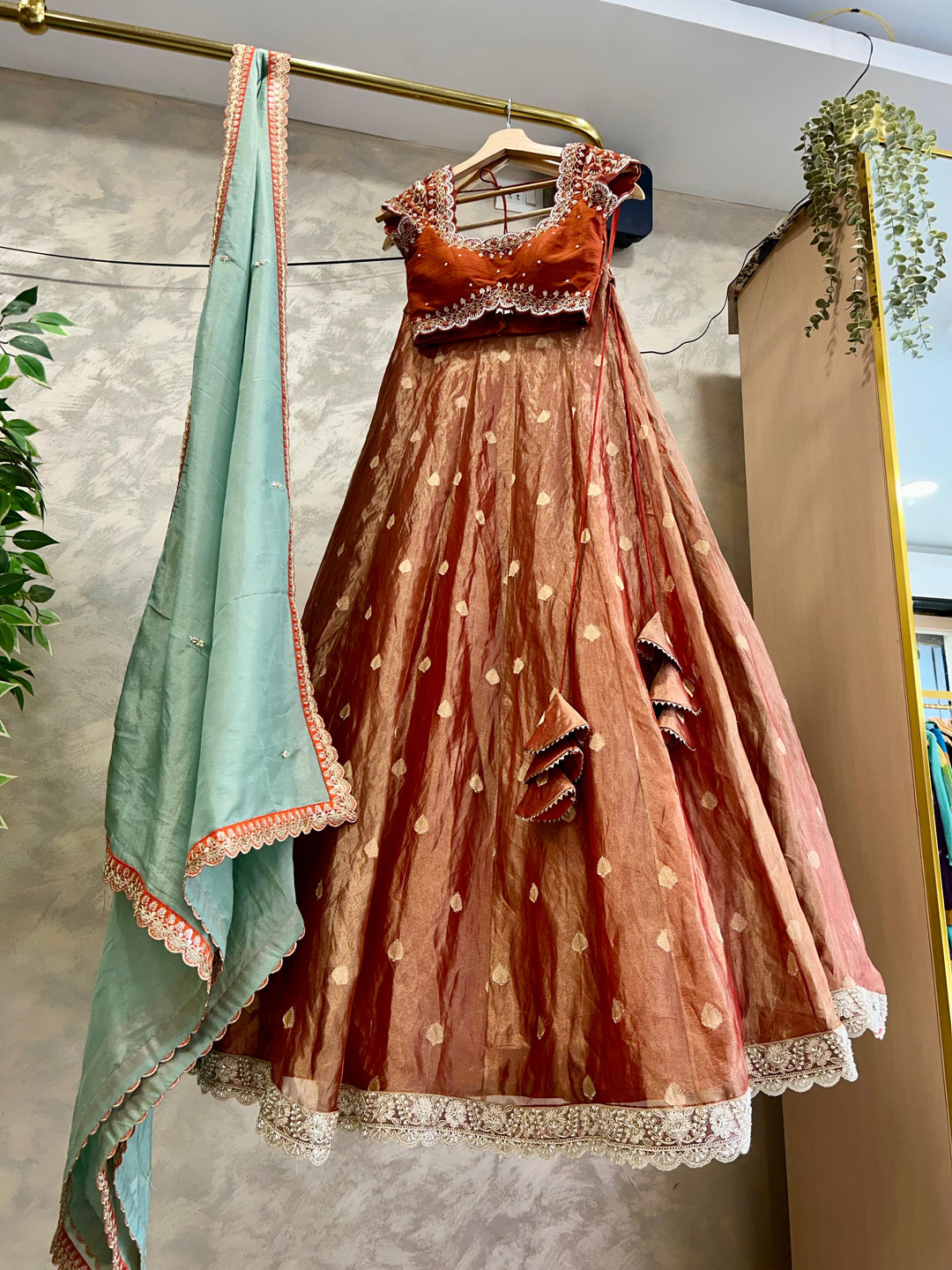 Rust Brown Tissue Lehenga
