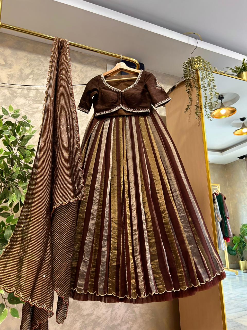 Chocolate & Gold Stripes Lehenga
