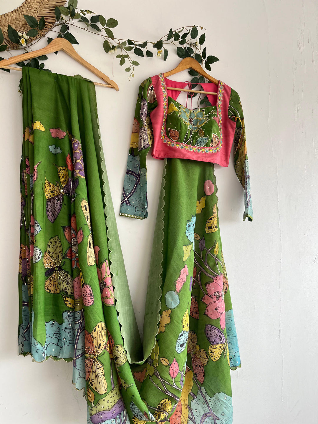 Green Pen Kalamkari Organza Silk Saree