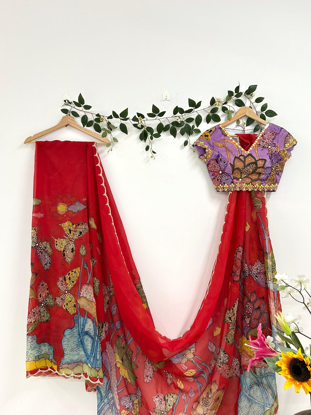 Red Pen Kalamkari Organza Silk Saree