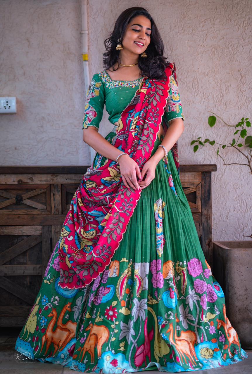 Bright Green Kalamkari Silk Lehenga by myRiti, featuring traditional hand-painted designs, perfect for festive occasions and weddings