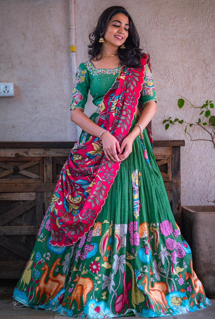 Bright Green Kalamkari Silk Lehenga by myRiti, featuring traditional hand-painted designs, perfect for festive occasions and weddings
