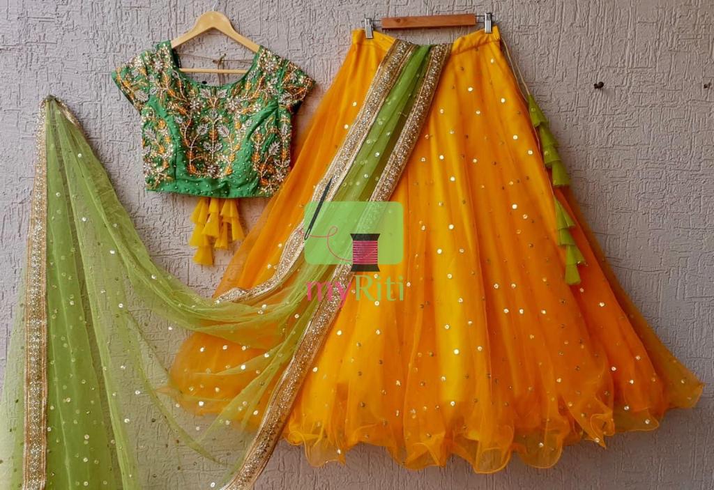Green & Mustard Handwork Lehenga