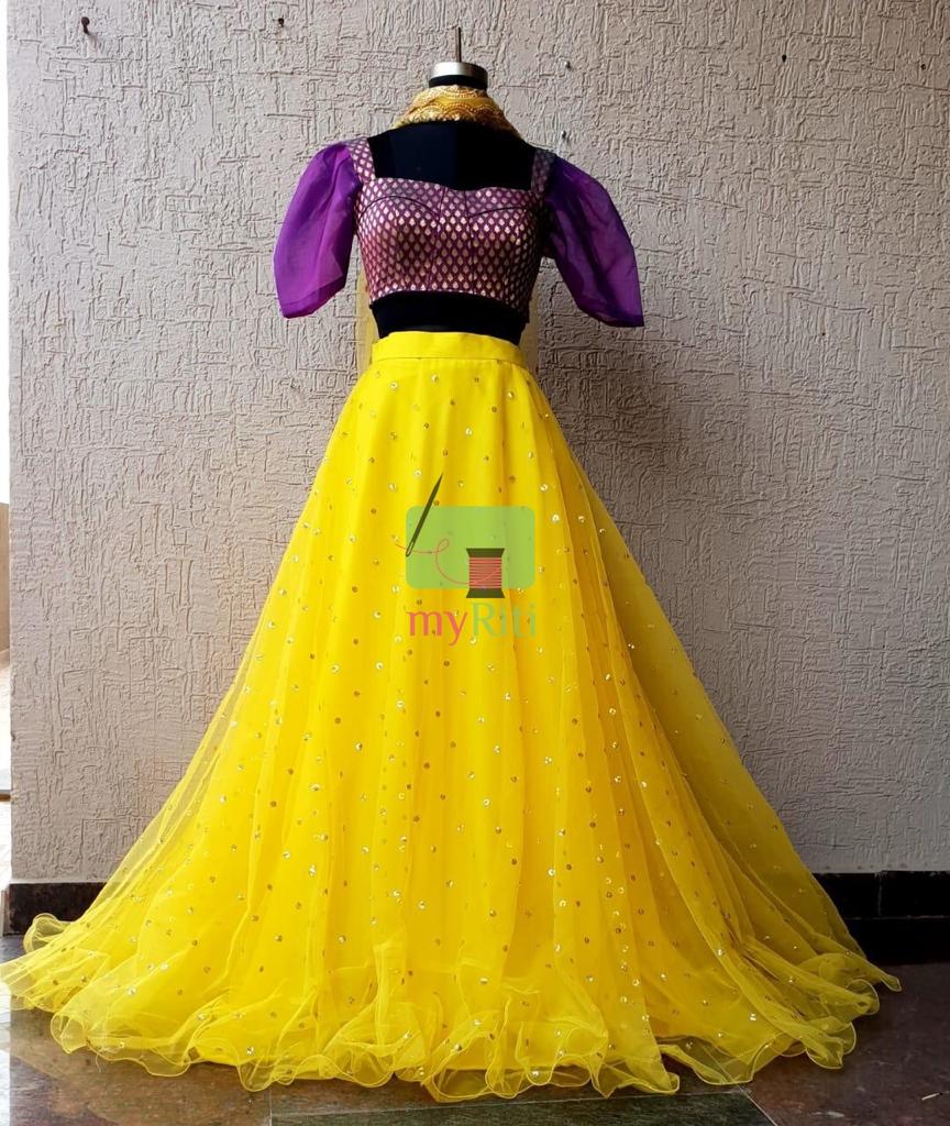 Violet & Yellow Net Lehenga