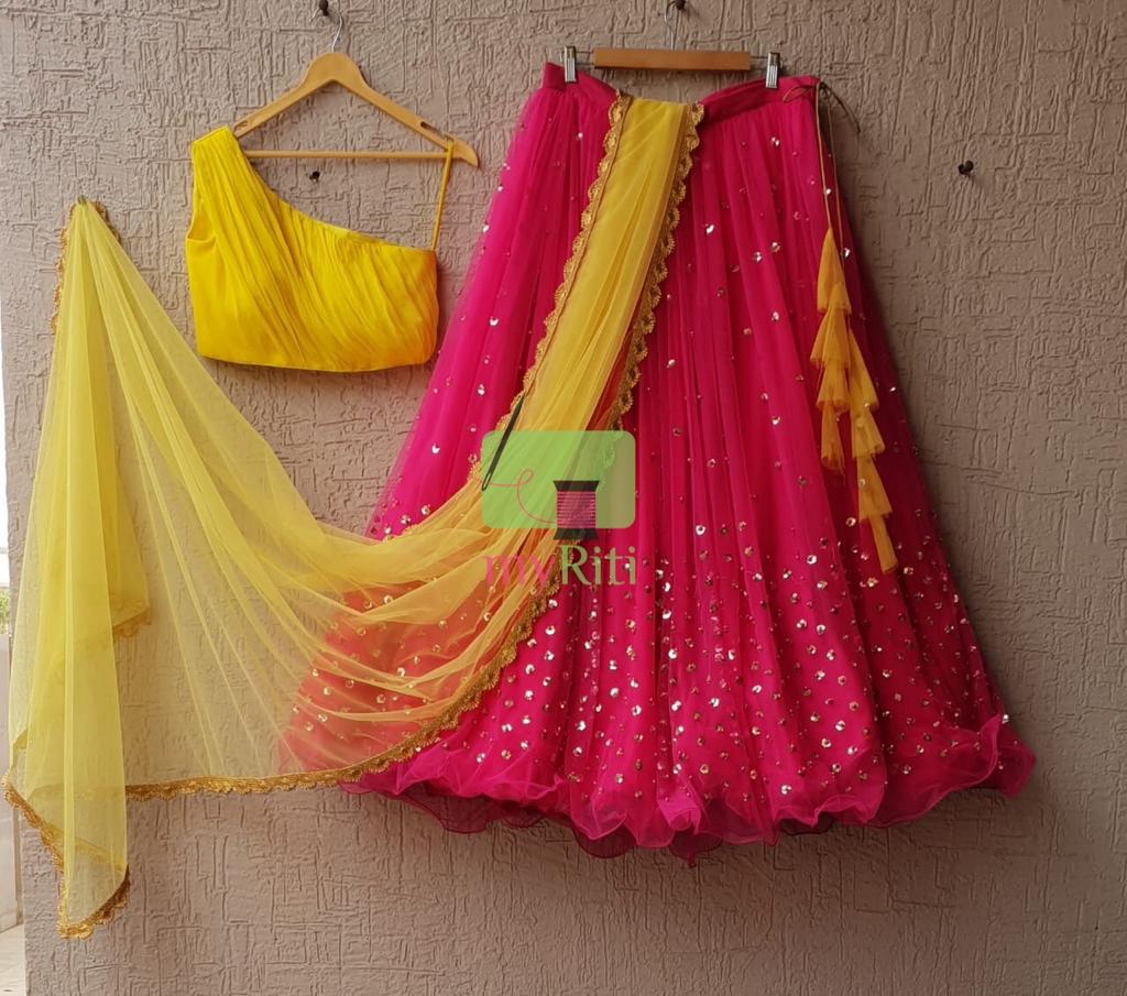 Yellow and pink ghagra on sale choli