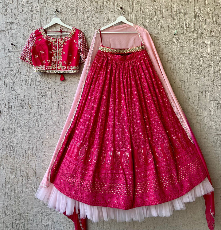Exquisite Chikankari Lehenga from MyRiti, showcasing the intricate art of Lucknowi embroidery. Ideal for those seeking elegant and traditional Indian wear online.