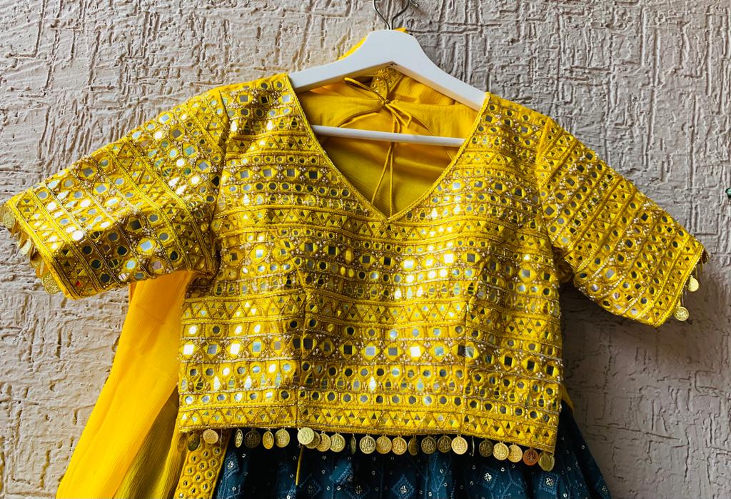 Yellow & Peacock Blue Chikankari Lehenga