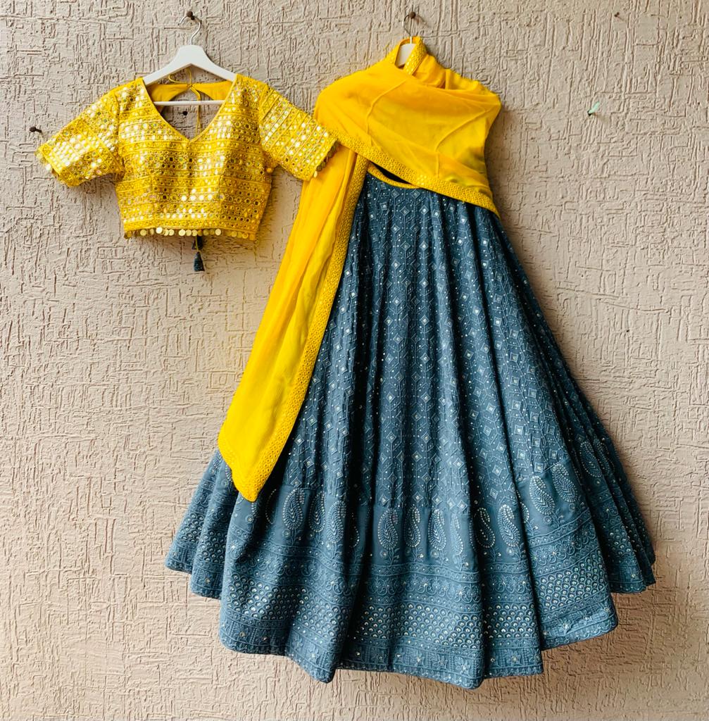 Yellow Peacock Blue Chikankari Lehenga