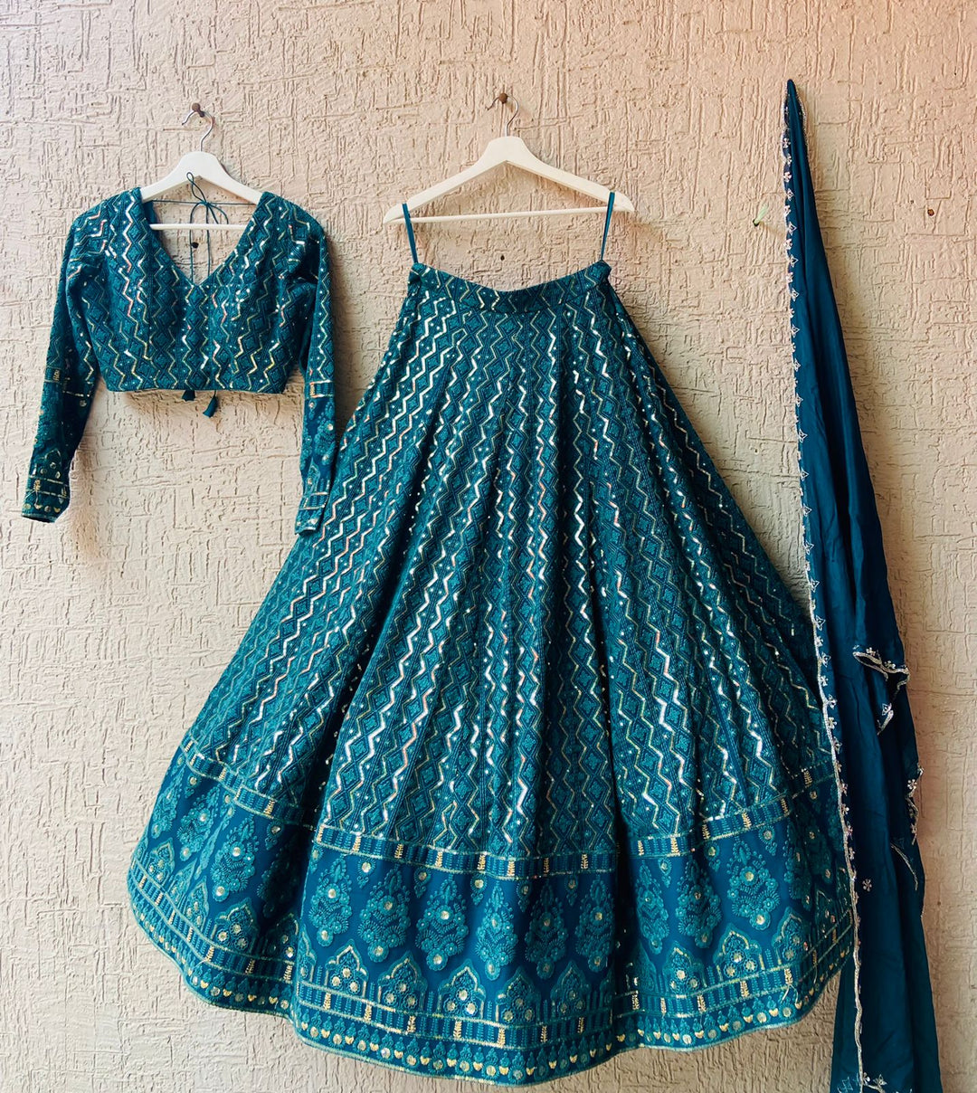 Teal Chikankari Lehenga