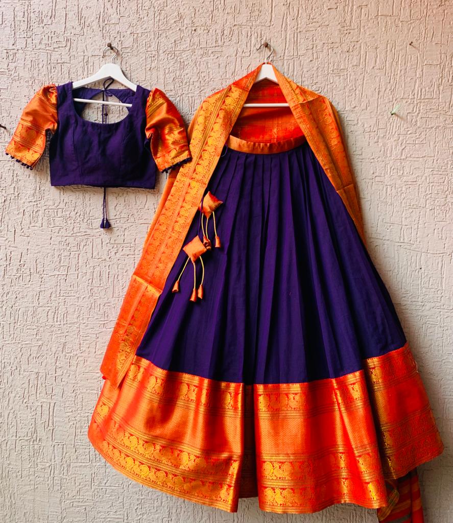 Dark Purple and Red Narayanpet Half Saree