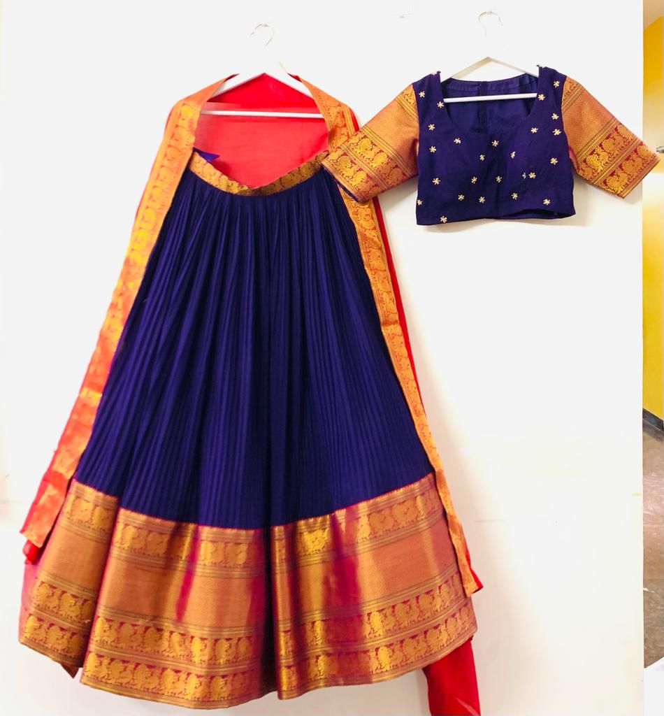 Red & Blue Pure Silk Narayanpet Lehenga