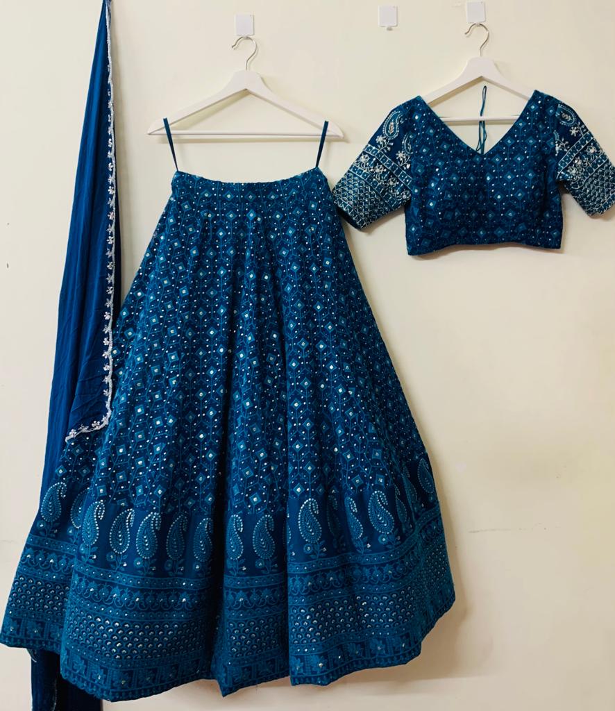 Peacock Blue Handwork Chikankari Lehenga