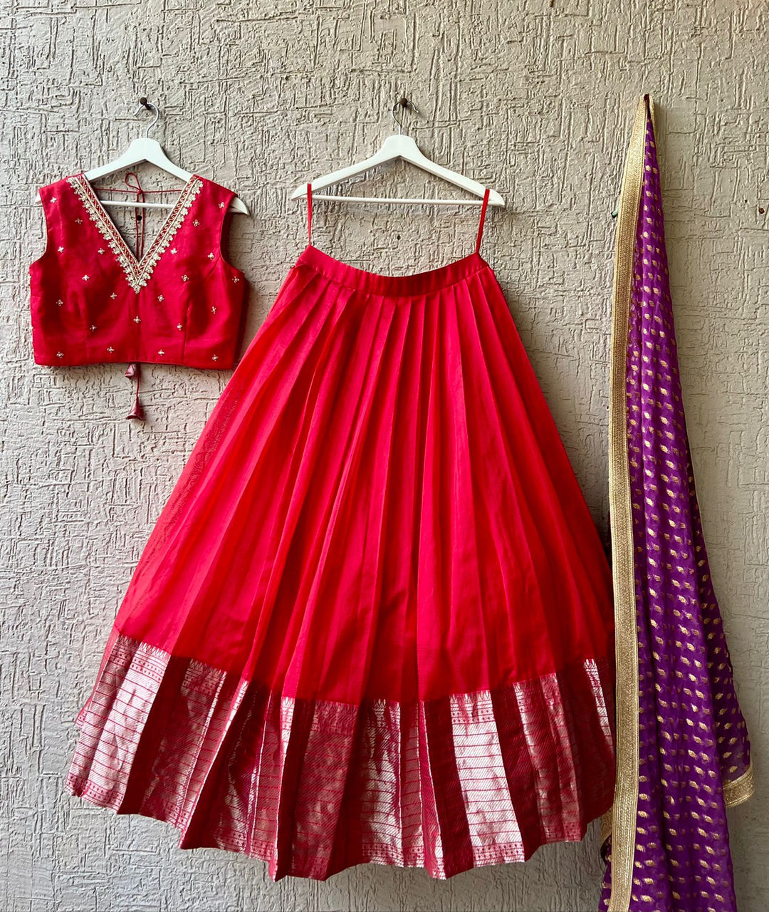 Red Pure Mangalgiri Silk Lehenga
