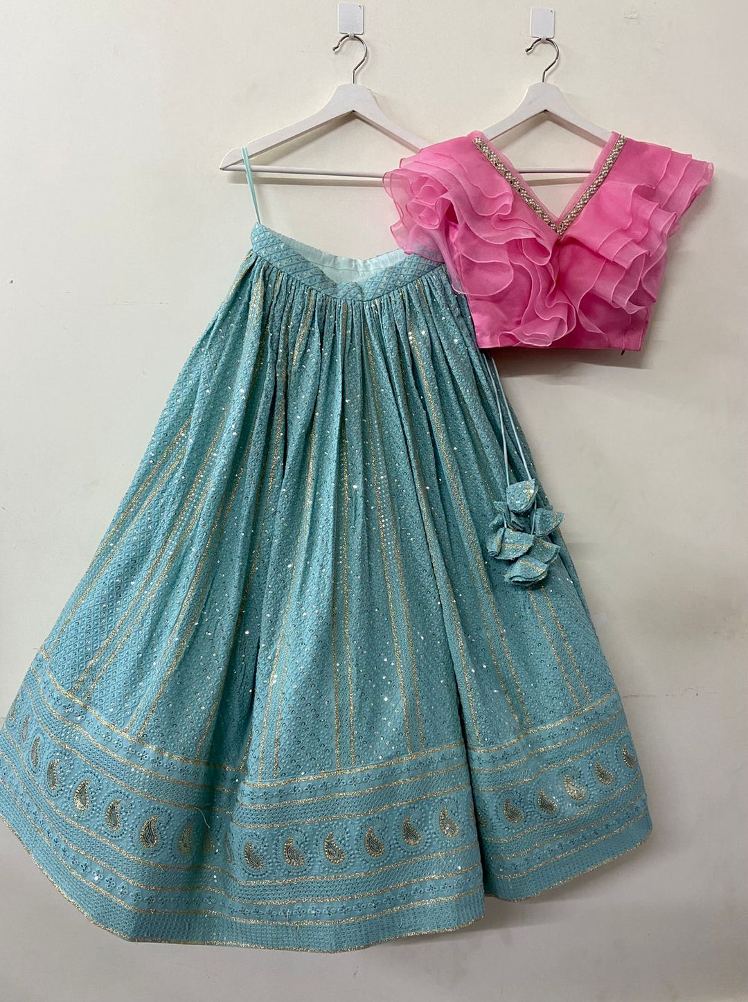 Pink & Sea Green Chikankari Lehenga