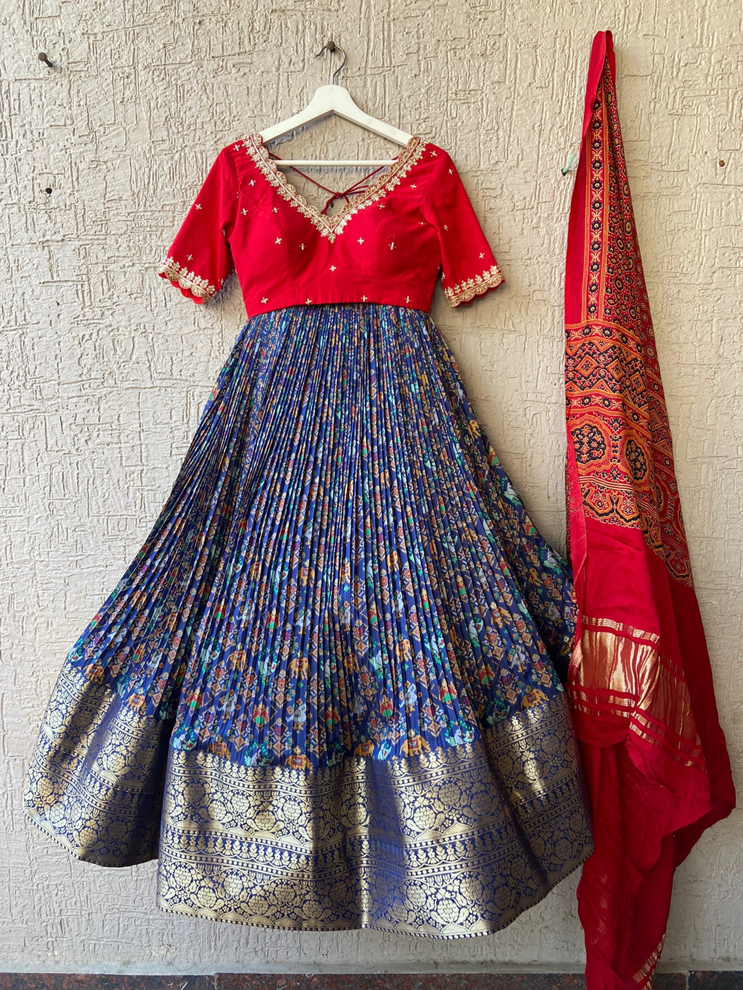 Red & Blue Patola Silk Lehenga