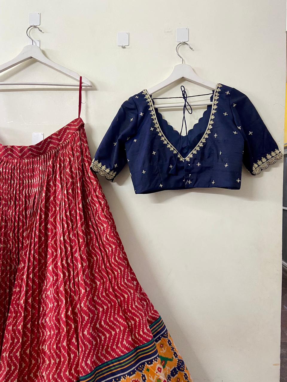 Navy Blue & Red Patola Silk Lehenga