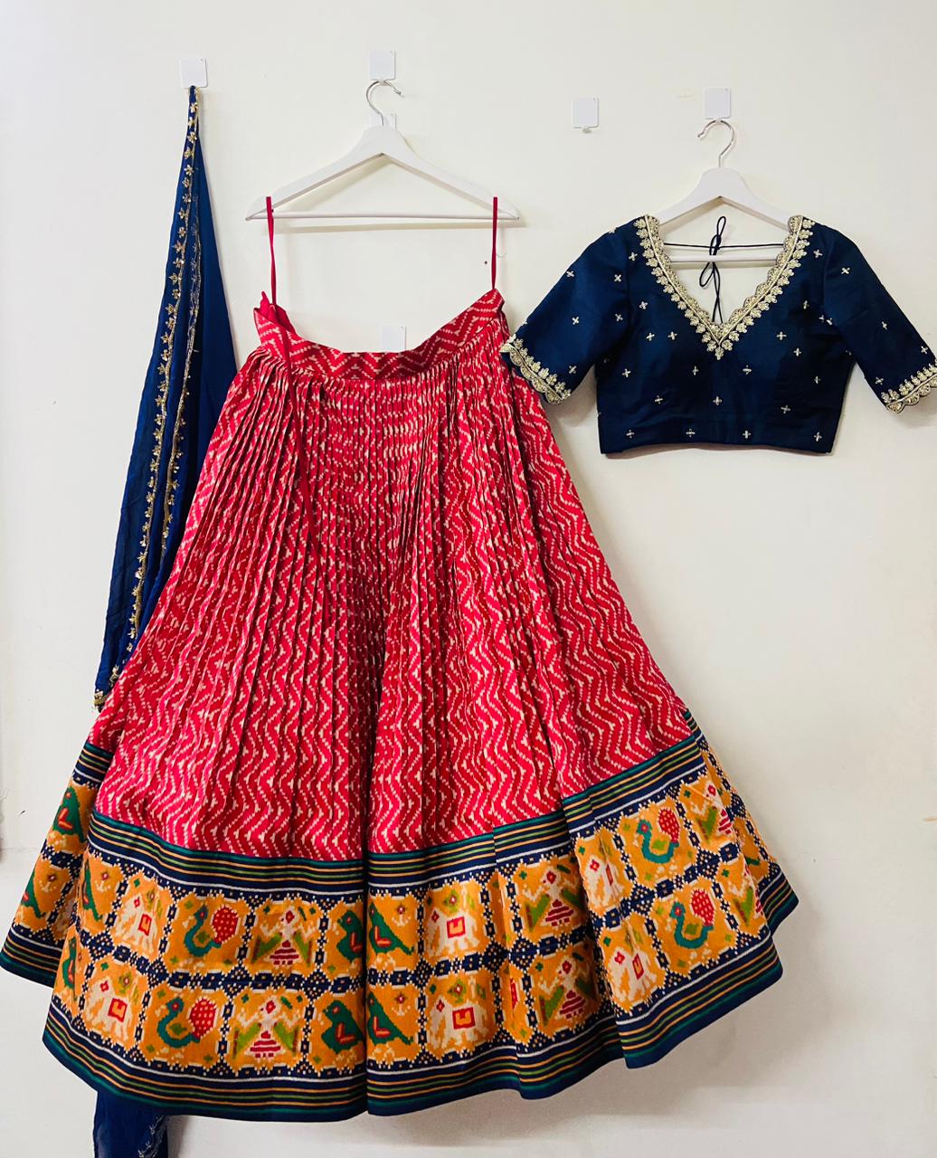 Navy Blue & Red Patola Silk Lehenga
