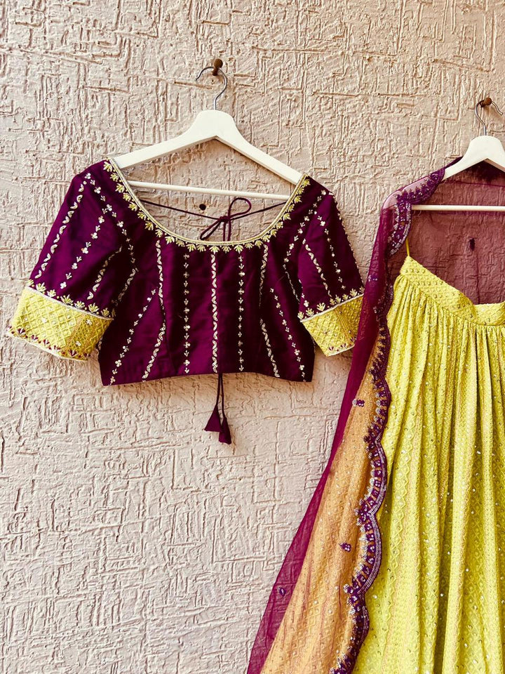 Wine and Lemonish Yellow Handwork Chikankari Lehenga