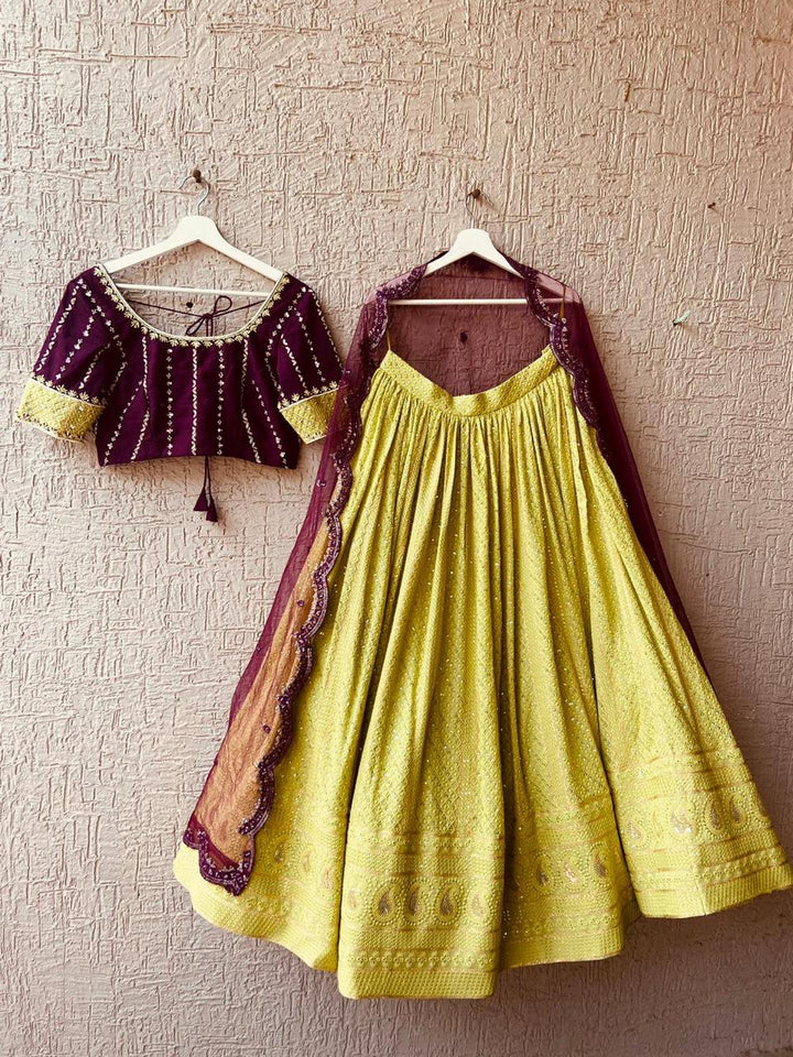 Wine and Lemonish Yellow Handwork Chikankari Lehenga
