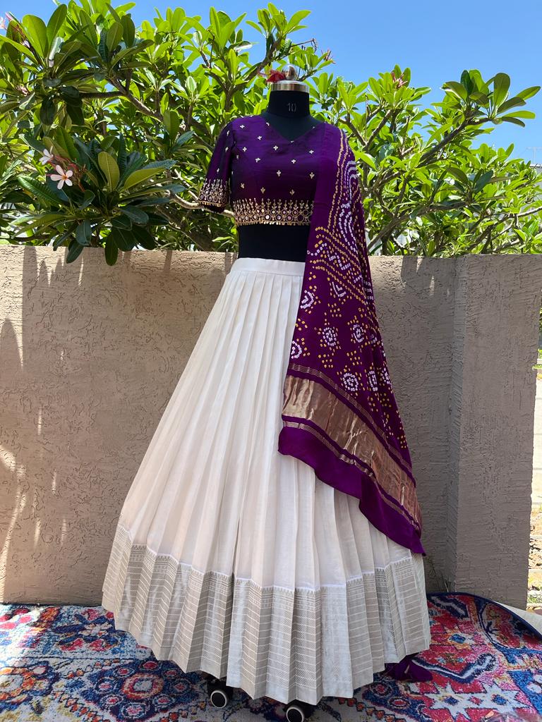 purple and white combination dress White Georgette Lehenga Choli with Purple Dupatta: Lucknowi Mirror Work