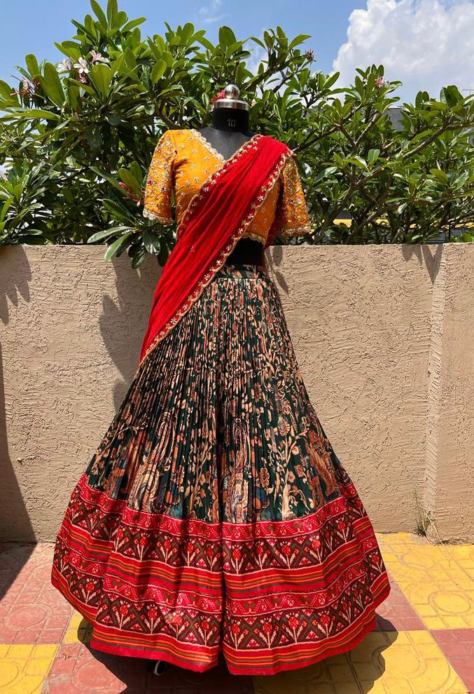Yellow & Green Kalamkari Silk Lehenga