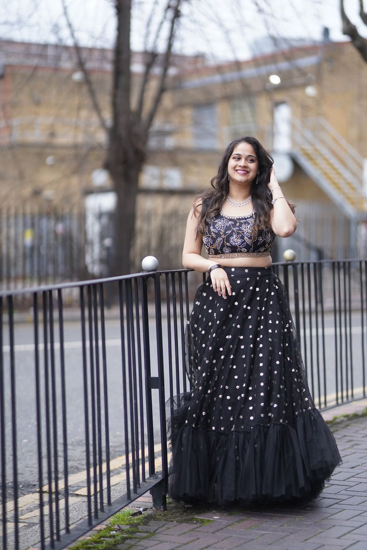 Elegant Handworked Black Lehenga from MyRiti, featuring exquisite artisanal embroidery. Ideal for those seeking sophisticated and unique Indian wear online.