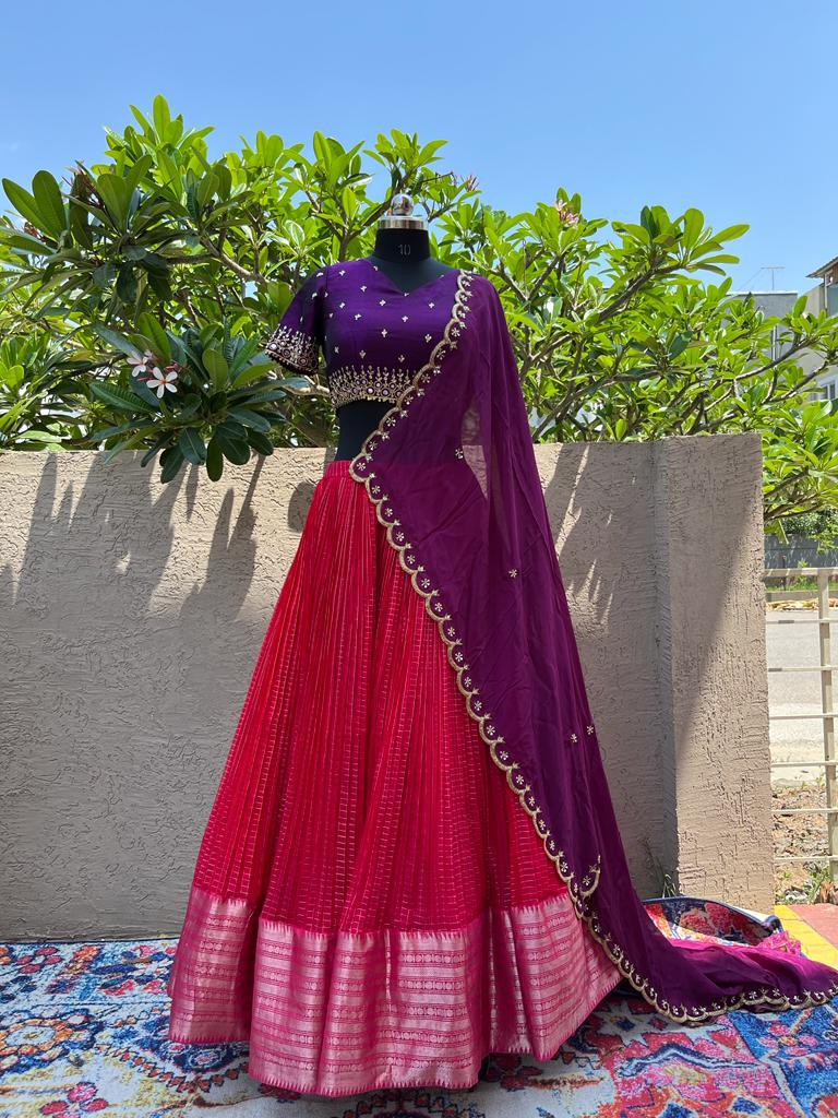 Purple & Red Mangalgiri Silk Lehenga