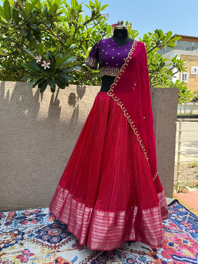 Purple & Red Mangalgiri Silk Lehenga